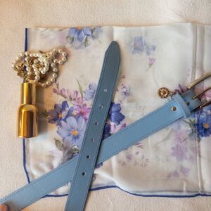 Vintage Cottagecore RIBCO Leather Belt Periwinkle Blue w/ Gold Charm – 41.5”